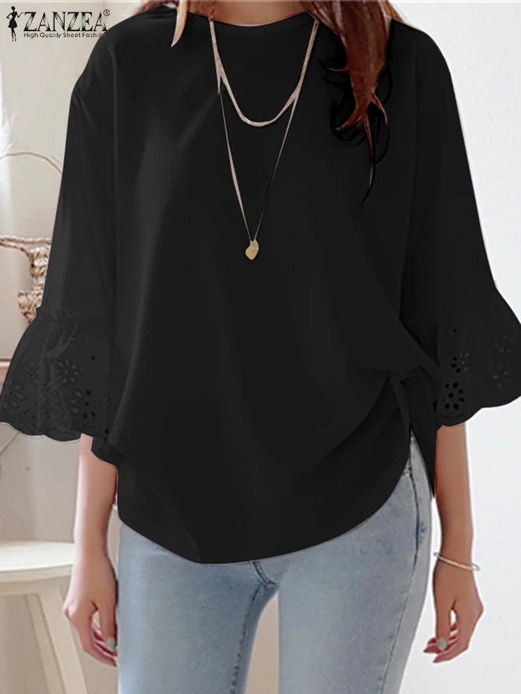 

ZANZEA Fashion Patchwork Blouse Autumn Elegant Shirt Women O Neck 3/4 Sleeve Tops Causal Loose Lace Chemsie Holiday Blusas Tunic