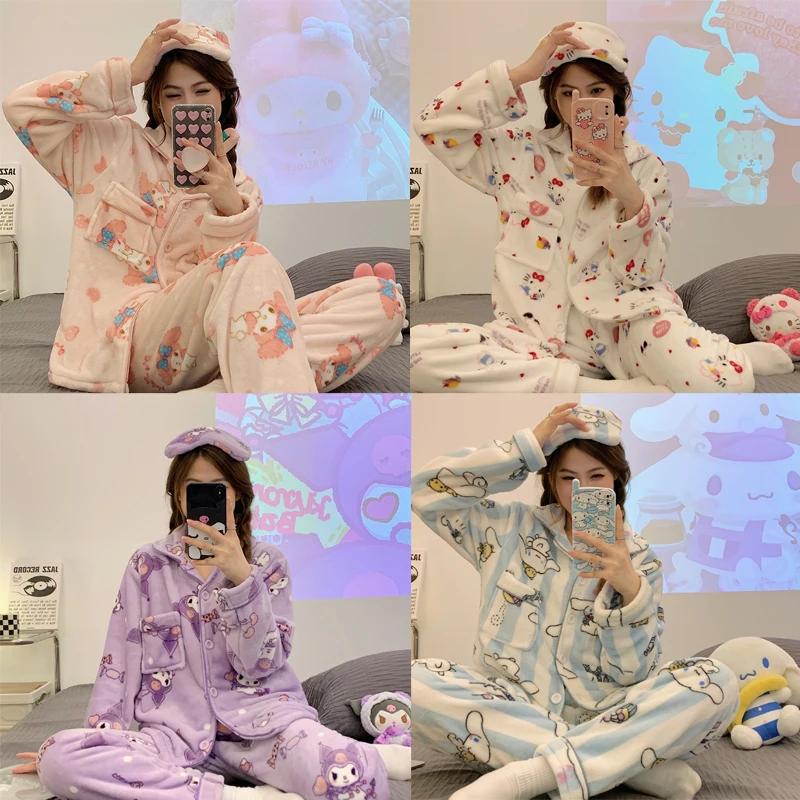 

Sanrios Hello Kitty My Melody Kuromi Cinnamoroll Winter Coral Velvet Pajamas Warm Kawaii Cartoon Flannel Warm Home Clothes