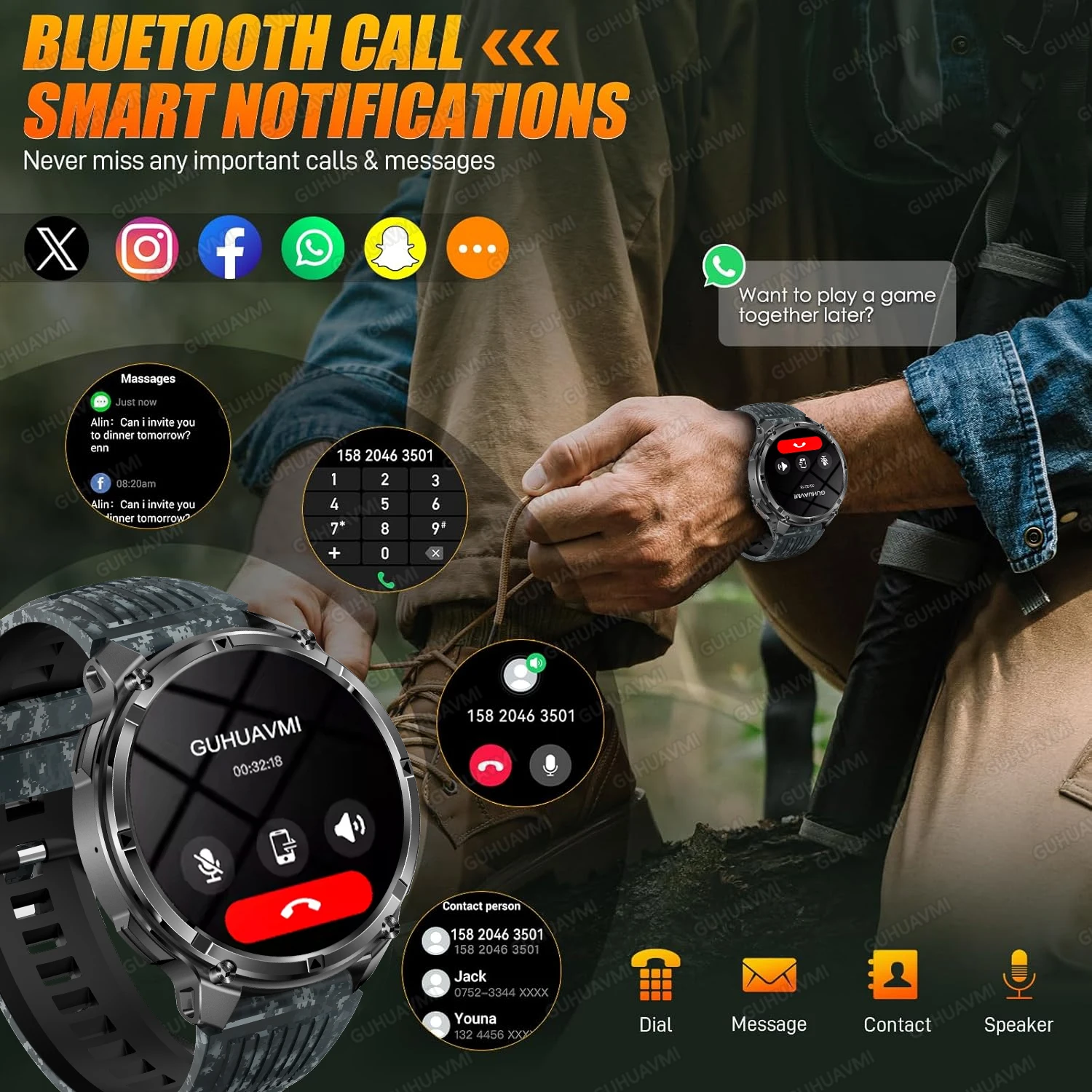 Military Grade 1100mAh Battery Smart Watch AMOLED Men Waterproof Swim Bracelet GPS Compass HD Call Sports Fitness RIDE Run Watch
