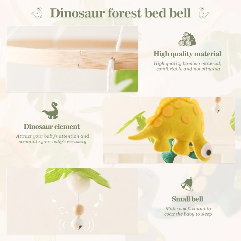 Baby Crib Mobile Bed Bell Wooden Rattles Toys Soft Felt Cartoon Dinosaur Forest Hanging Bed Bell Mobile Crib Bracket Baby Gifts 4