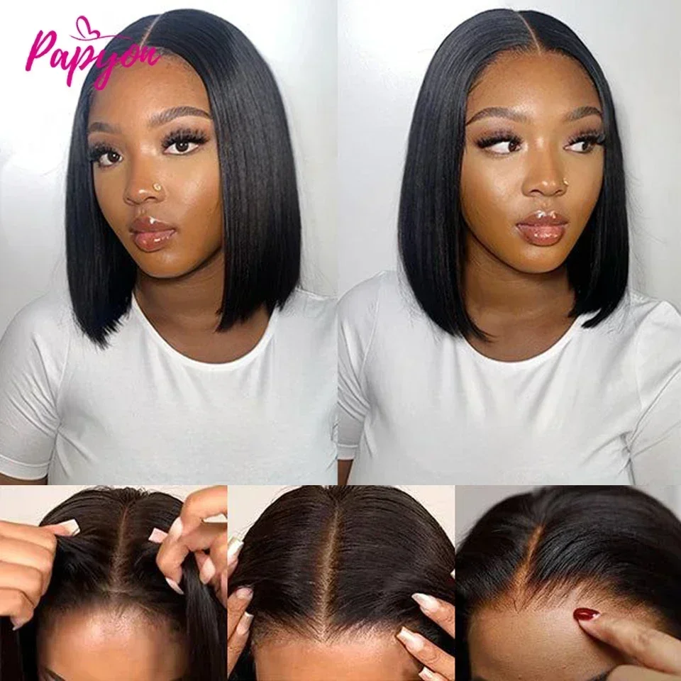 Short Bob Wigs Straight Glueless Wig Ready To Wear Human Hair Wigs Pre Cut 4x4 Elastic Drawstring Upgraded No Glue Lace Air Wig 4