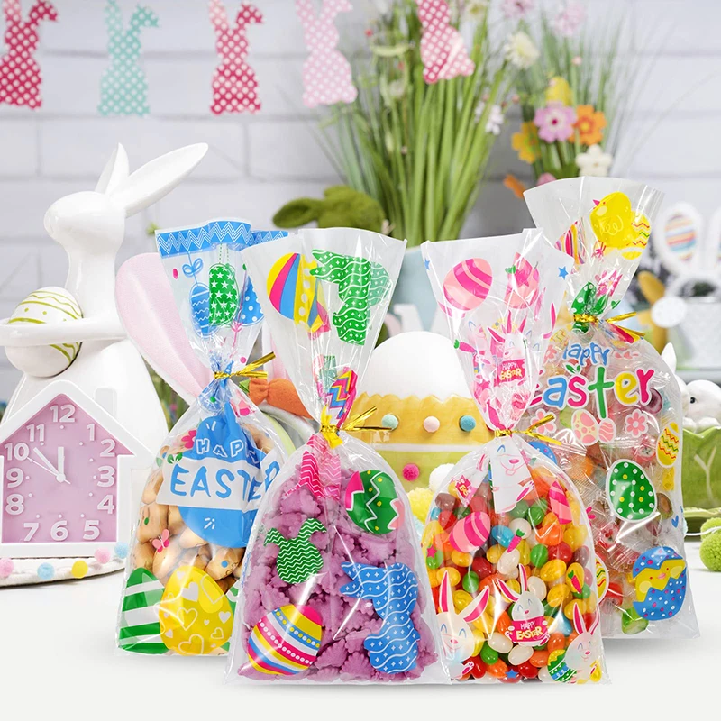 50pcs Easter Candy Gift Bags Easter Treat Bag with Ties Easter