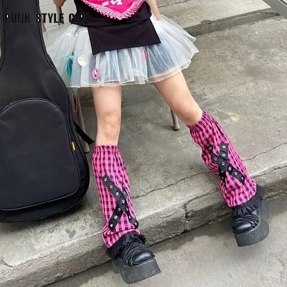 2025 일본식 격자 무늬 프린트 Y2k 펑크 레그 워머 하라주쿠 멋진 미적 하라주쿠 카와이 패션 레그 워머