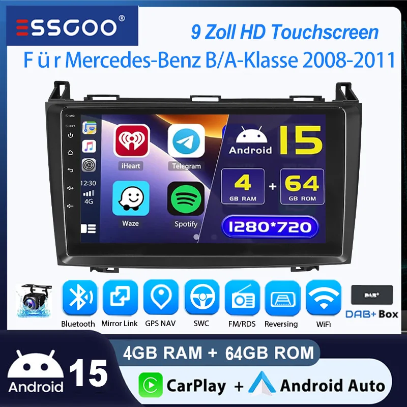 ESSGOO Autoradio Android 15 9" 4+64 GB / 2+32 GB für Mercedes-Benz A/B-Klasse W169 W245 GPS Navigation RDS WiFi Wireless CarPlay Bluetooth Auto-Radio FM Lenkradsteuerung Android Auto CANBUS Touchscreen