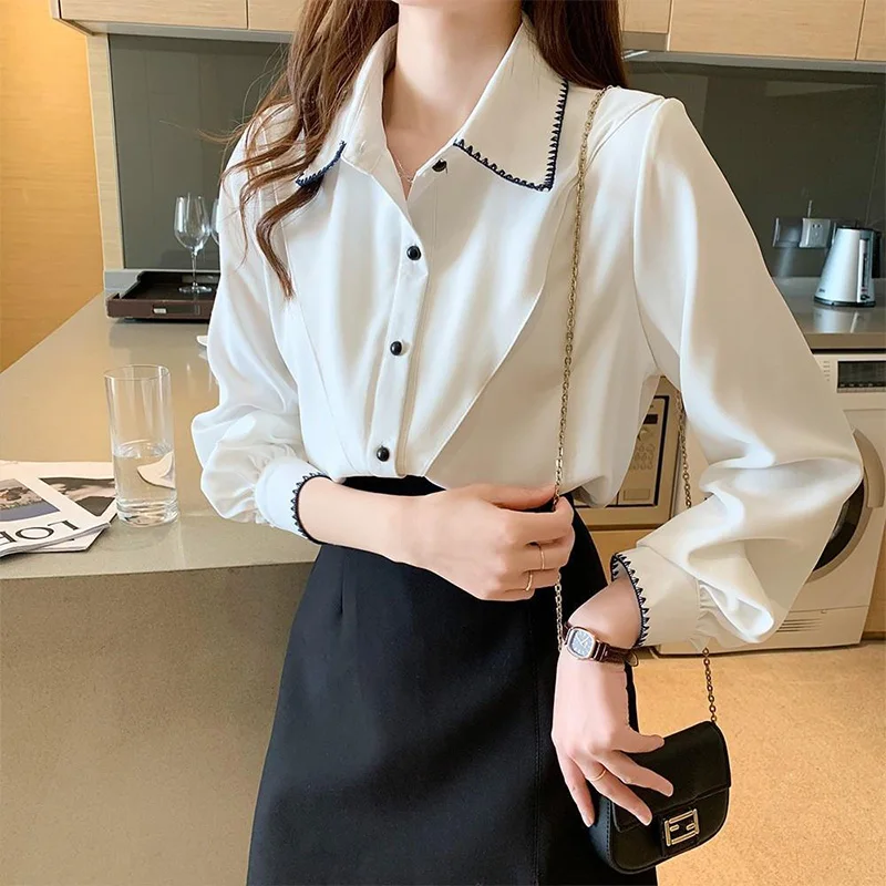 Office Lady Solid Color Chiffon Shirt Women's 2023 Autumn Turn-down Collar Embroidery Long Sleeve Loose-fitting Chic Blouse