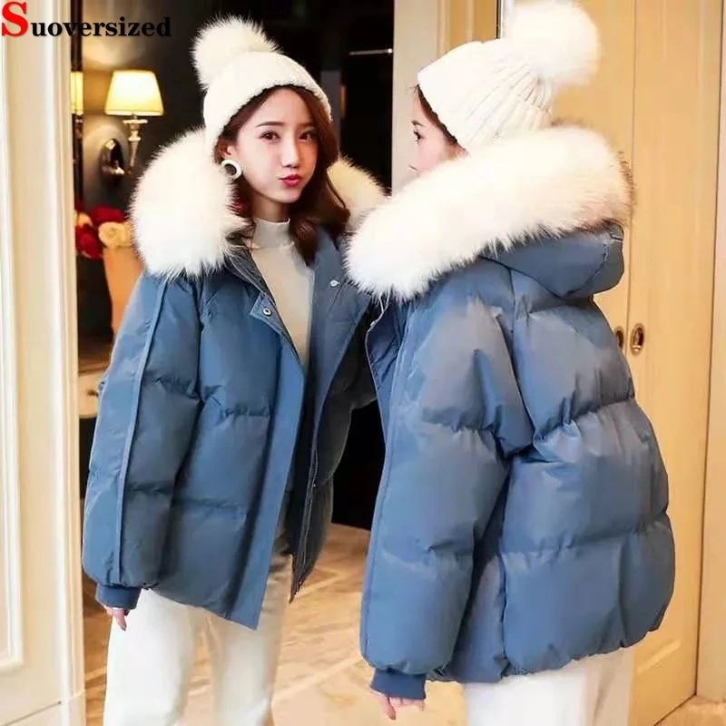 

Winter 2023 Snow Wear Short Jackets Loose Women Thick Coat Sweet Zipper Puffy Warm Jaqueta Korean Faux Fur Collar Hooded Parkas
