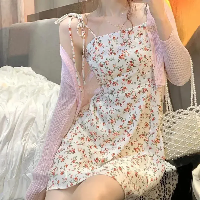 Summer Hipster Floral Print Strap Slim Fit Women Dress Fairy Sweet Fashion Sleeveless Mini Dress A Line Preppy Suspender Dresses
