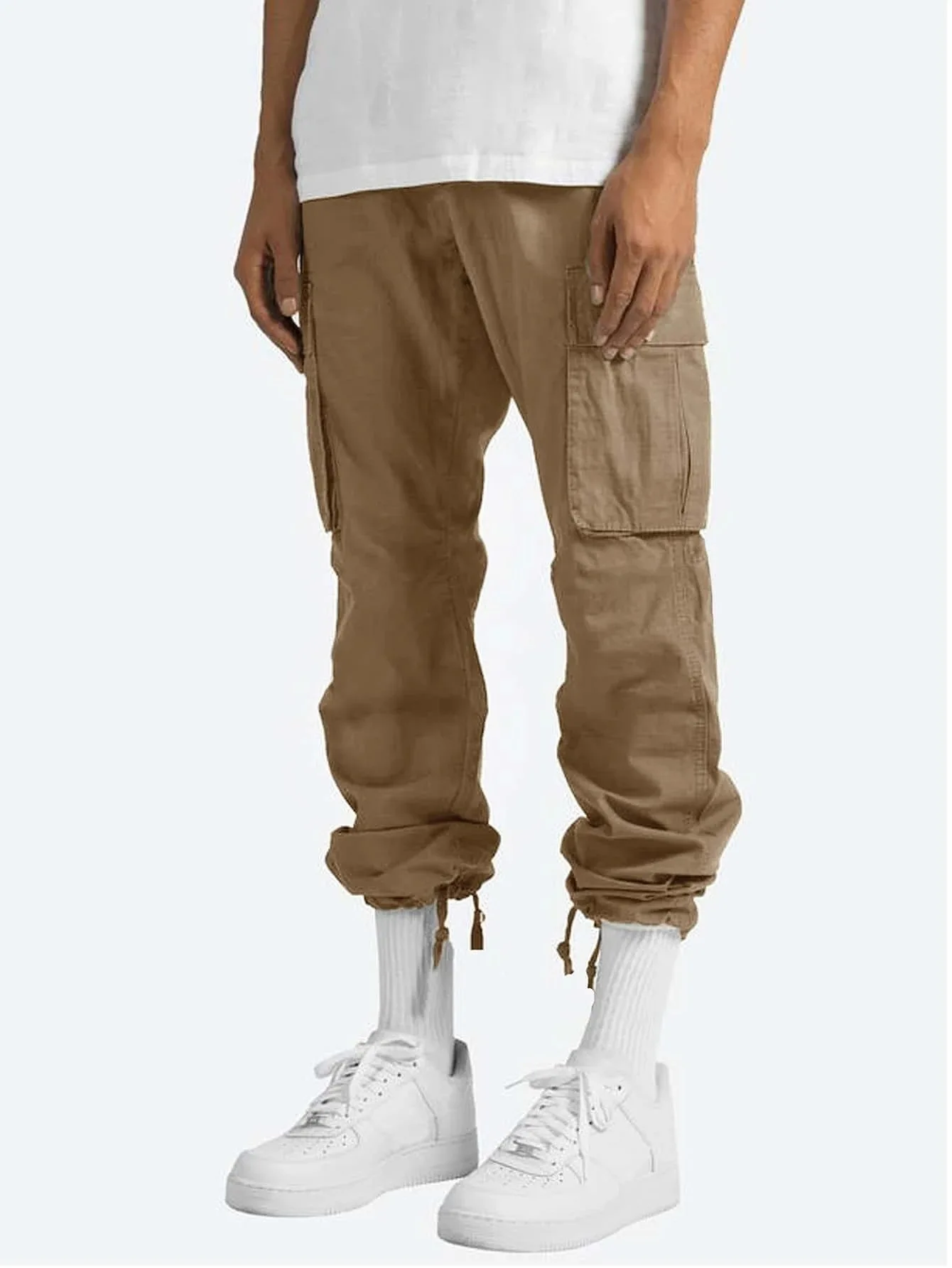 Description Picture 2 of item2024 Men's Cotton Loose Sports Trousers for Men Length Solid Color Loose Multi-pocket Drawstring Pockets Pants Male Cargo Pants