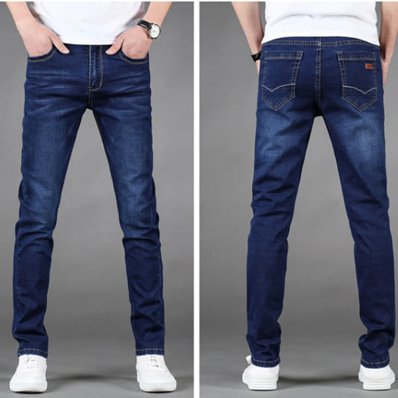 Mens Classic Jeans Solid Color Business Work Pants Straight Denim Casual Pants