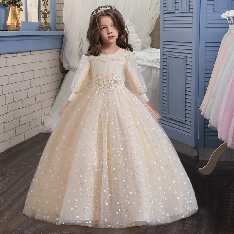

Girls 4-14 years old, long sleeved, puffy sleeved, polka dot dress, wedding dress, formal party dress, evening dress, girls' dre