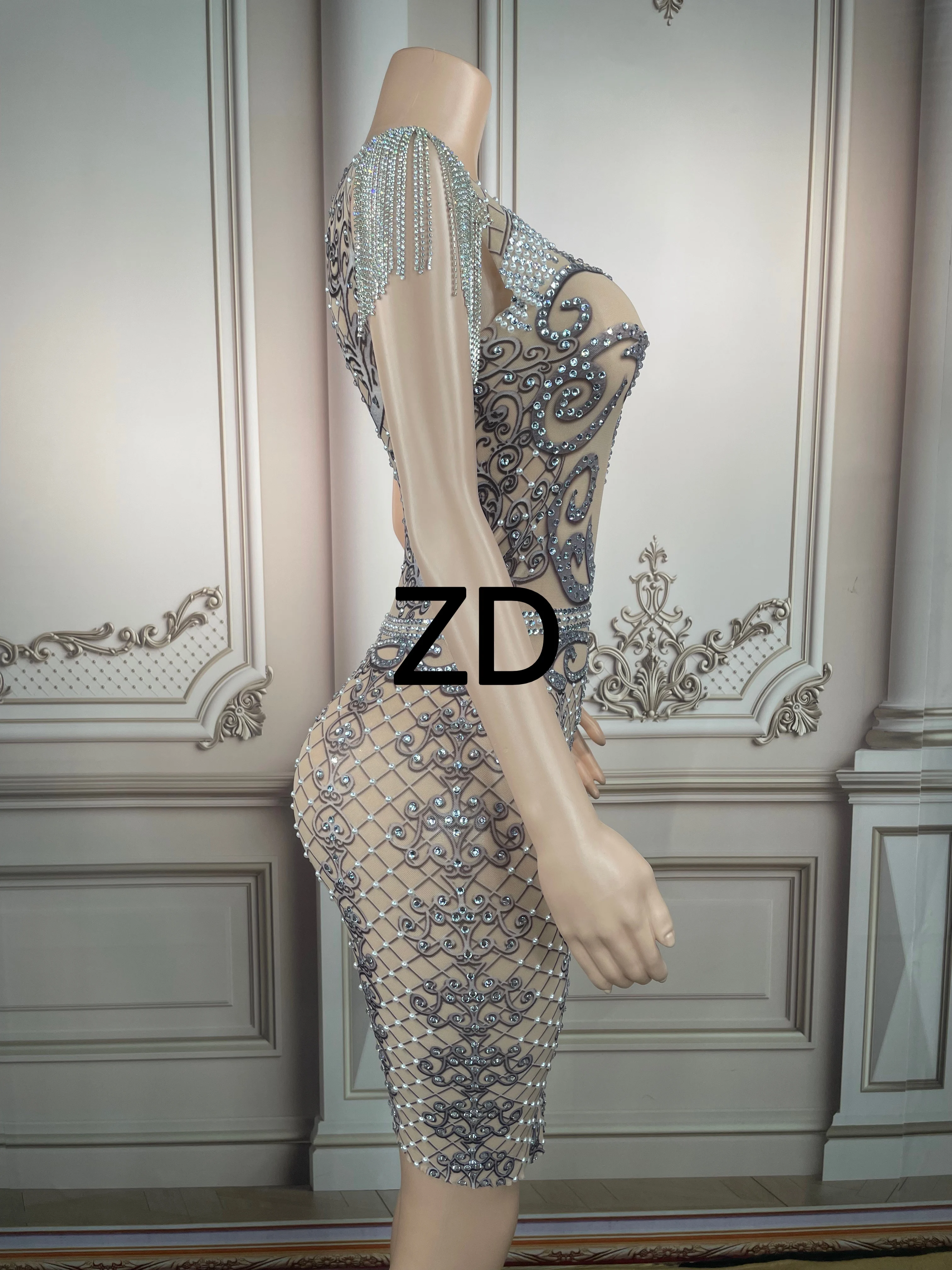 Vestido transparente con flecos y diamantes de imitación plateados