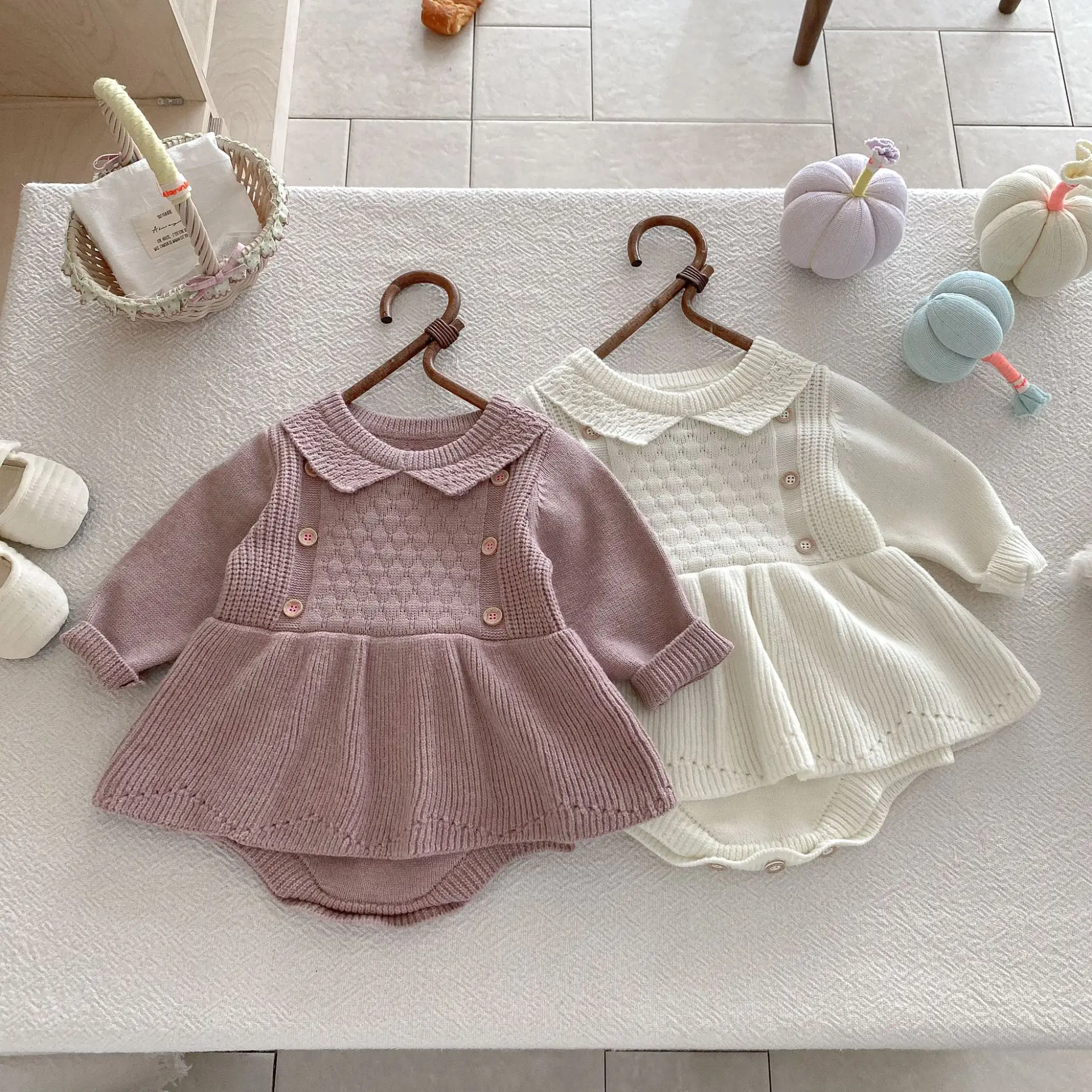 Baby Girls Knit Bodysuits Peter Pan Collar Ruffle One Piece