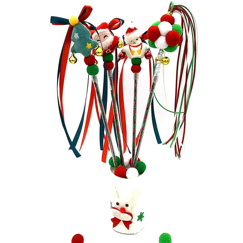 

Christmas Plush Cat Teaser Sticks Santa Claus Xmas Tree Snowmen Elk Tassel Bells Cat Pole Stick Pet Cat Playing Interactive Toys