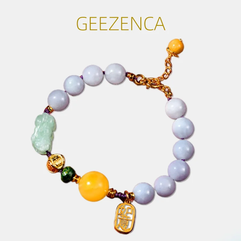 

GEEZENCA Natural Jadeite Jade Amber 925 Silver Beaded Bracelet For Women Vintage Charms Handmade Luxury Bracelets 2023 New Gift