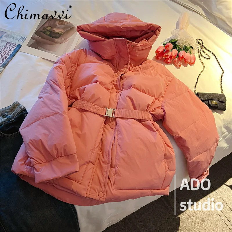 

Black Down Jacket Female Thick Warm Mid-Length Waist-Tight Pink Hooded Long-Sleeve Zipper Coat Winter Clothes Women