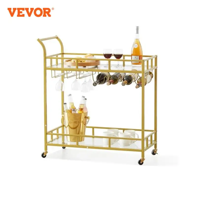 VEVOR Metal Bar Serving Cart Golden Steel Rolling Trolley On Lockable Wheels Mobile Utility with Wine Rack Tempered Glass Holder storage rack rolling storage cart