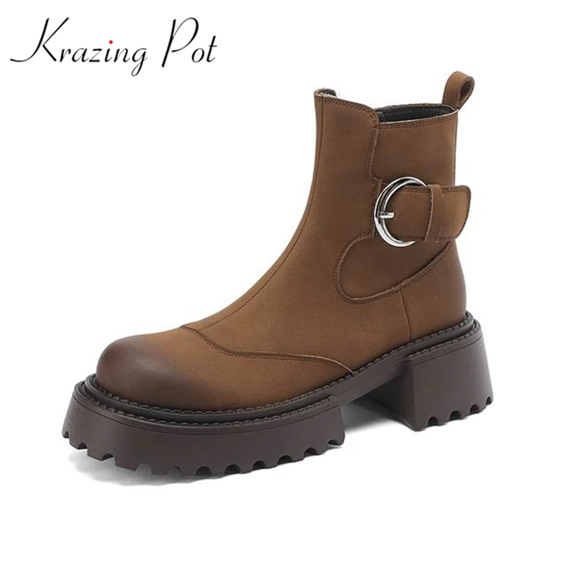 

Krazing Pot Cow Leather Circle Metal Buckle Round Toe Med Heels Winter Chelsea Boots Platform High Quality Keep Warm Ankle Boots