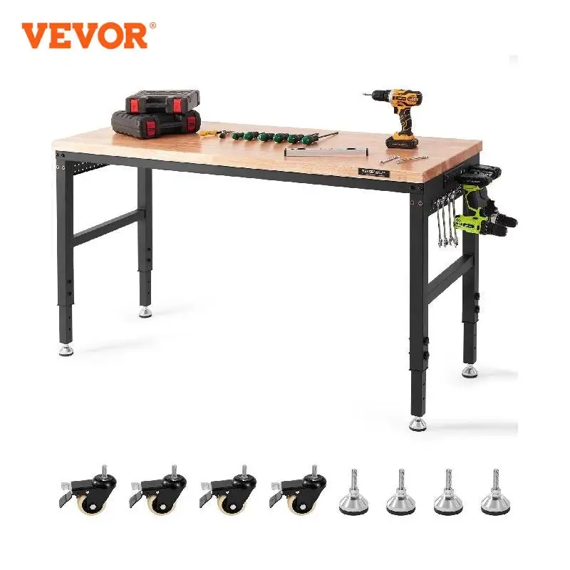 

VEVOR 2000 LBS Adjustable Workbench Garage Worktable with Universal Wheels Power Outlets Hardwood Top for Office Home Factory