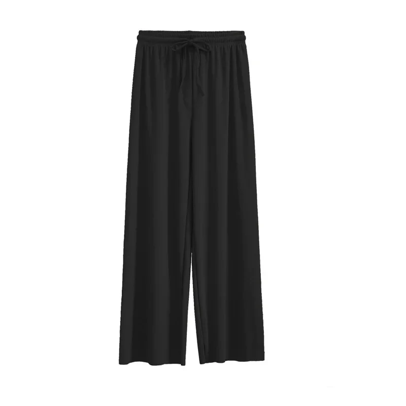 Pantalones largos de pierna ancha para mujer, informales, con cintura elástica lisa, holgados hasta el tobillo, de seda helada, rectos para primavera y verano