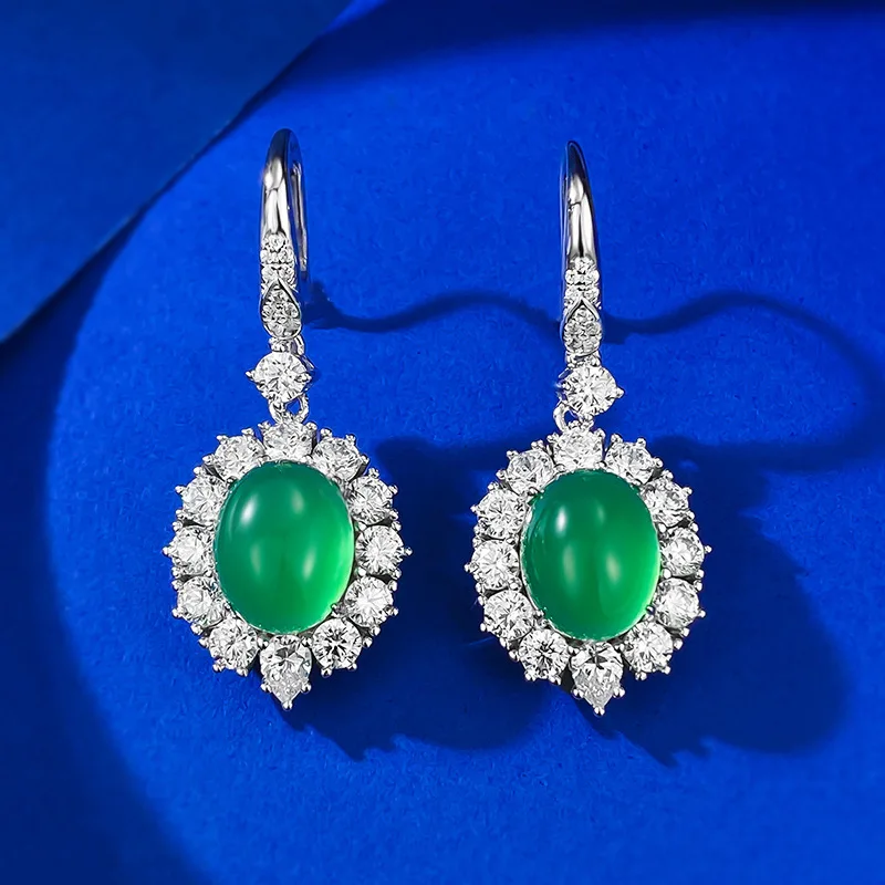 

2023 New 925 Silver Inlaid 8 * 10 Green Jade Marrow Earrings Rich Women's Luxury Earrings