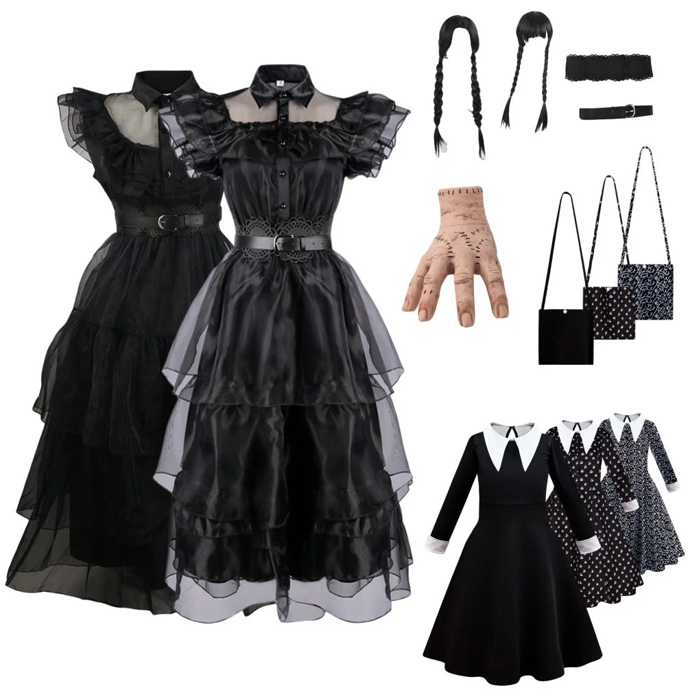 

Movie Wednesday Addams Cosplay Girls Dress Zombie Prom Party Dark Lolita Princess Dresses for Kids Female Carnival Costume Wig