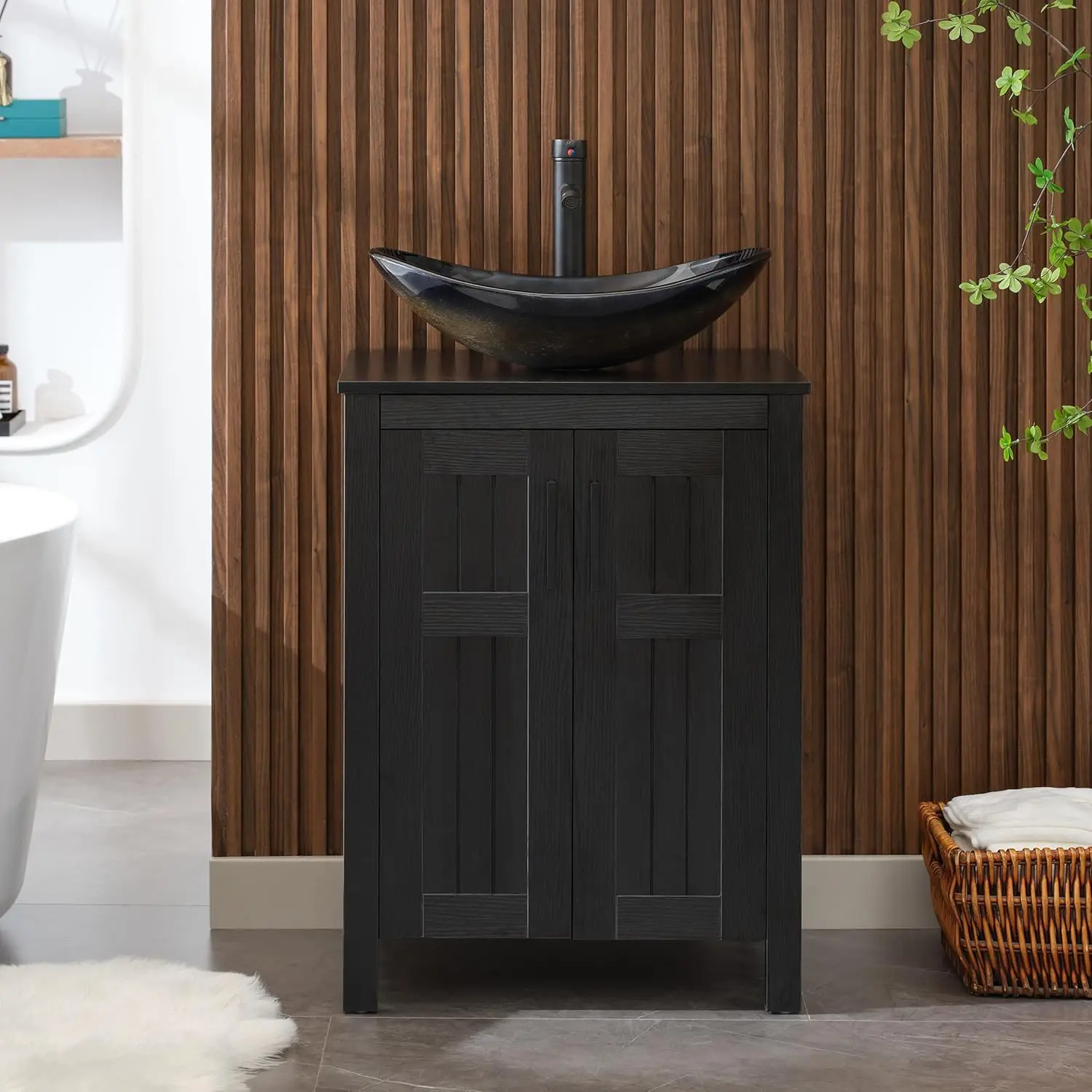 Black 24" Bathroom Vanity with Sink Combo,Modern Freestanding Sink Cabinet,Stylish Bathroom Vanity Cabinet,Grooved Double Doors 3