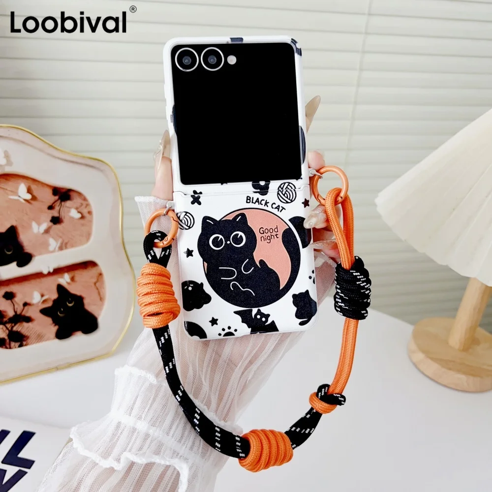 Charming Cartoon Black Cat Folding Phone Case with Wrist Strap and Lanyard Bracelet