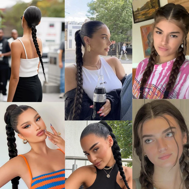 2PCS Synthetic Braided Ponytail Exytensions 18inch Long Braided Hair Pigtails with Elastic Rubber Band for Women Daily Party Use