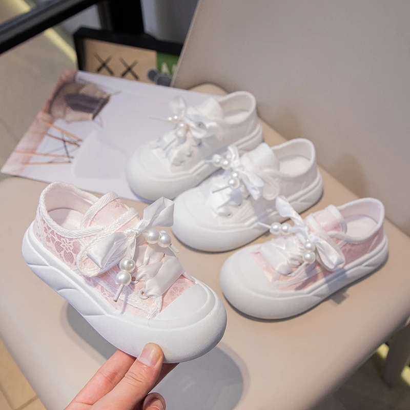 Girls Cotton Sneakers with Shiny Bow for Autumn