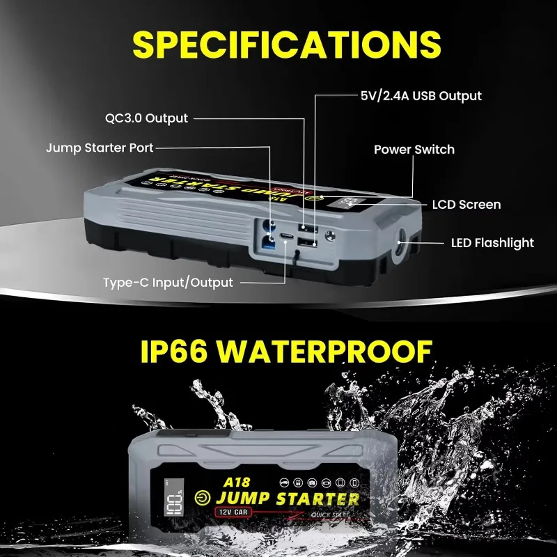 8250A Car Battery Jump Starter 12V Pro Portable Booster PD66w 20000mAh Battery Car 13L For Emergency Booster Starting Device