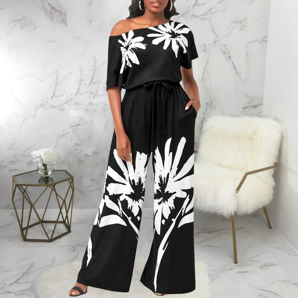 

Floral Printed Pocket Design Diagonal Collar Women's Lace Up Jumpsuit