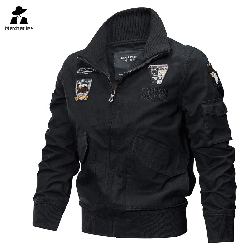 Tactical Work Jacket Men's Autumn Vintage khaki Embroidered MA1 Flying Cargo Jacket Field Loose Bomber Coat Jaqueta Masculina