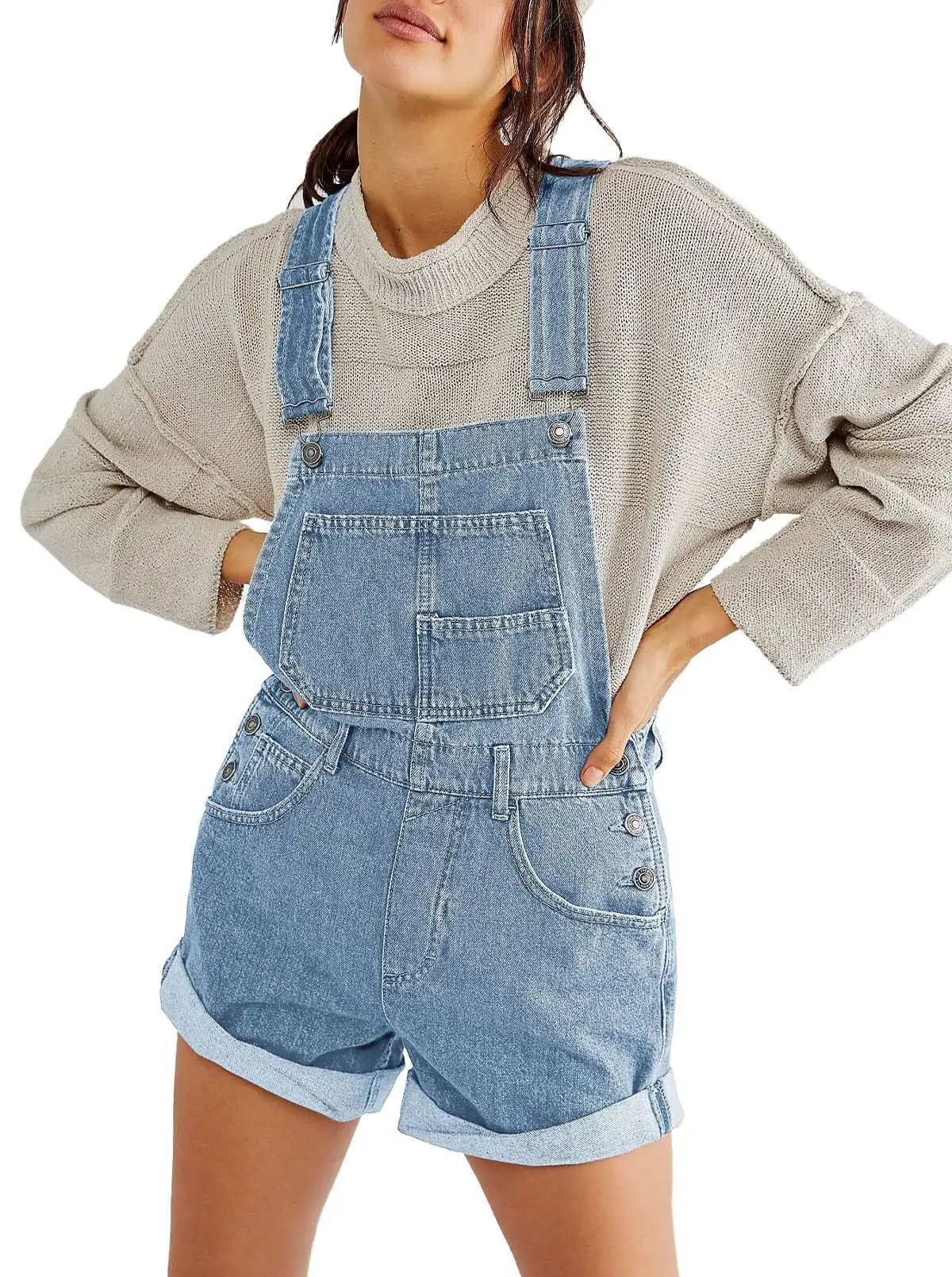 thumbnail image 1 of Monos de mujer, monos de mezclilla lavados, monos de una pieza, pantalones cortos sólidos, bolsillos empalmados, estilo urbano, sin espalda, botones sueltos, 1 of 4