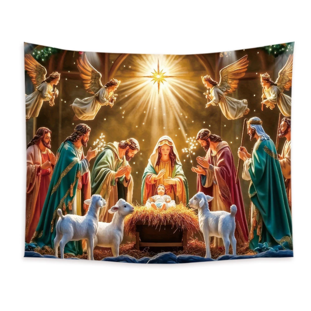 Tapestry decor Nativity Scene Starry Night Tapestry Wall Hanging Religious Manger Scene Tapestries Traditional Christmas Birthday Wall Decor