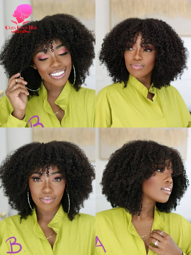 Silk Base Human Hair Wig With Bangs Brazilian Afro Kinky Curly Silk Base Deep Wave O Scalp Glueless Human Hair Wig Wear And Go