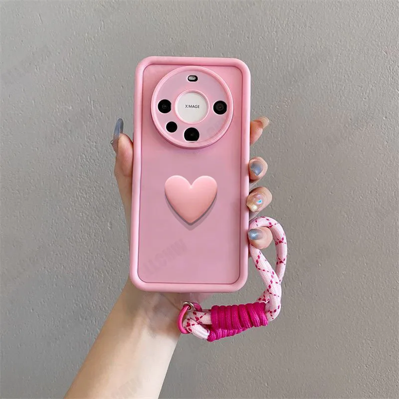 Adorable 3D Love Heart Silicone Phone Case with Lanyard Rope Cover