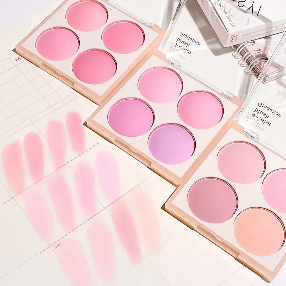 4-color matte blush powder peach pink coral blush Korean low saturation soft fog blush lighten create three-dimensional