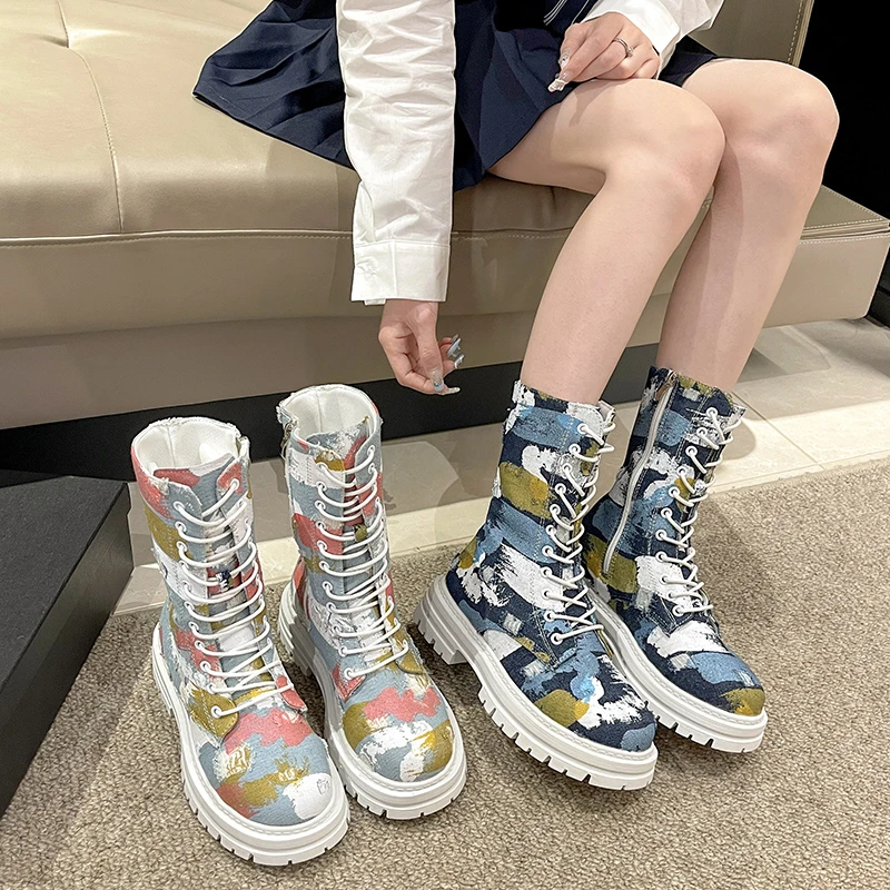 

Autumn Camouflage Ladies Mid Calf Boots Women Winter Canvas Sneakers Fashion High Tube Breathable Thick Soled Locomotive Booties