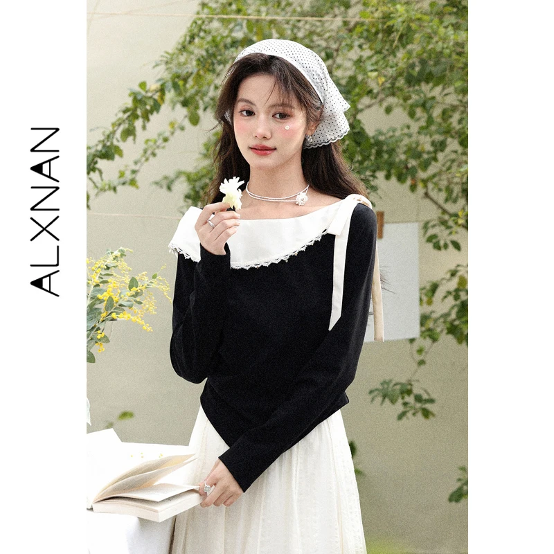 ALXNAN Black T-shirt Women Elegant Irregular Long Sleeve Tees Spring 2026 Cotton Casual Fashion Pleated Waist Tops Female L61202