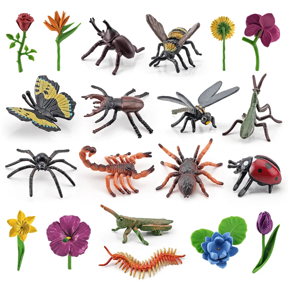 

20Pcs Simulation Mini Flower Insect Model PVC Ladybug Bee Spider Action Figures Miniature Plants Cognition Kids Educational Toys