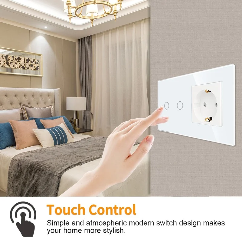 Bingoelec Zigbee 터치 스위치 1/2/3 Gang 센서 스위치 EU 표준 일반 소켓 (크리스탈 유리 패널 포함) 홈 개선