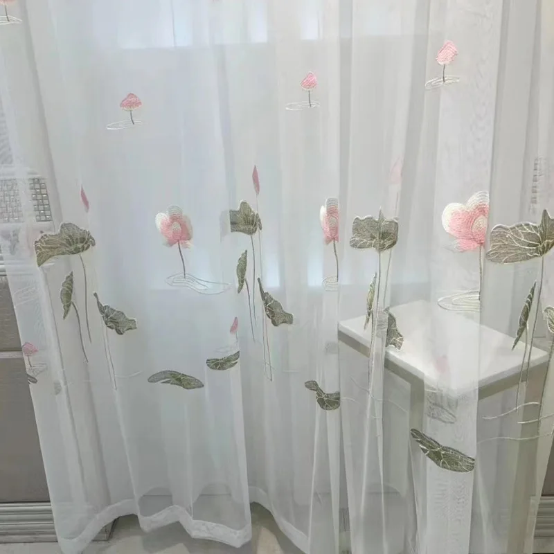 

New Lotus Embroidered Window Screen New Chinese Style Tea House Screen Curtain Curtains for Living Dining Room Bedroom