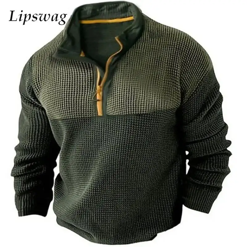 

Patchwork Fashion Mens Sweatshirts 2024 Spring Long Sleeve Zipper Lapel Waffle Hoodies Men Vintage Loose Jumper Tops Streetwear