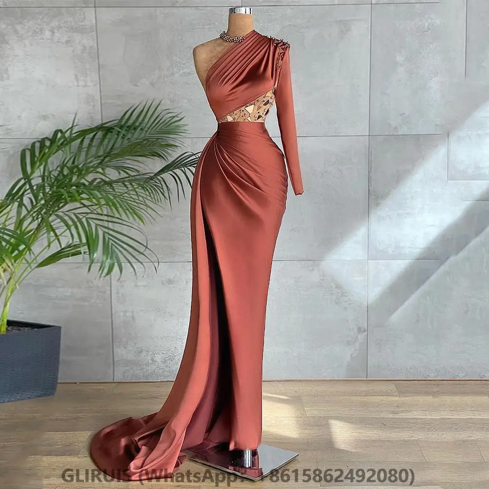 

Rust Red Mermaid Evening Party Gowns One Shoulder Rhinestones Beading Prom Dresses Sweep Train Long Sleeves Pageant Dress