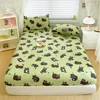 Cat Printed Bed Sheet Green Color Single/Queen/King Size Fitted Sheet with Elastic Band Cartoon Style Bed Sheet for Kids 1