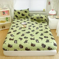 Cat Printed Bed Sheet Green Color Single/Queen/King Size Fitted Sheet with Elastic Band Cartoon Style Bed Sheet for Kids 1