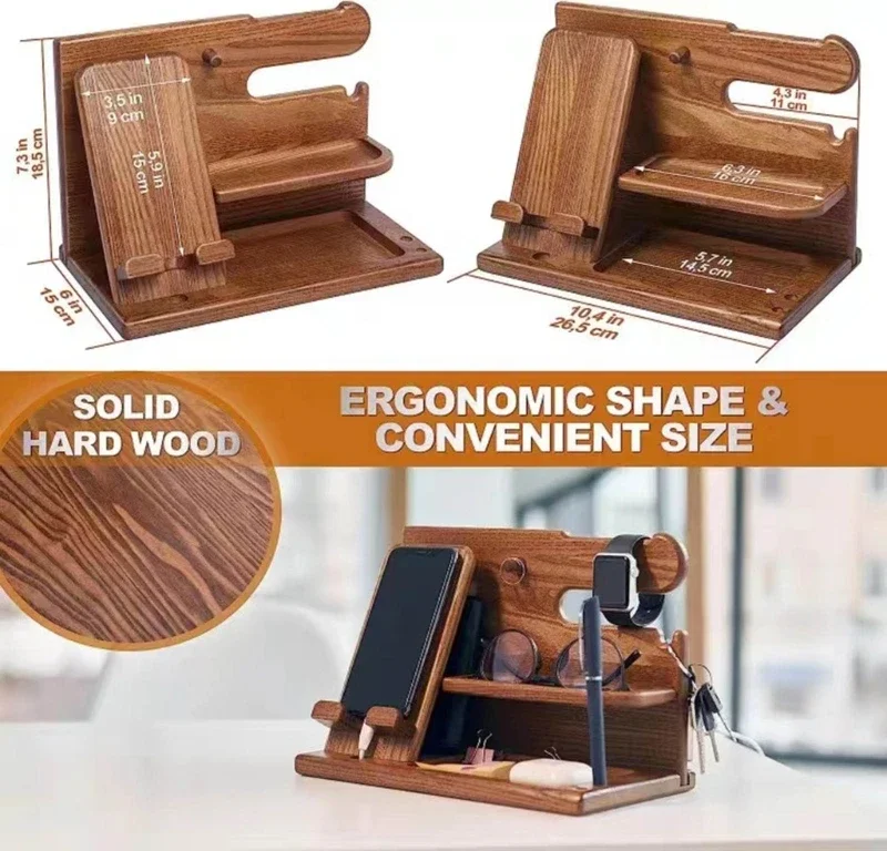 Wooden Bedside Wood Phone Docking Station Holder Wallet Stand Watch Storage Rack Valentines Multifunctional