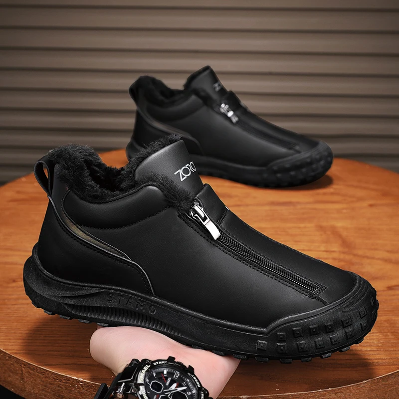 Mens Walking Shoes Winter Warm Cotton Leather Waterproof Flat Non-slip Zipper Snow Boots High-top Trendy Sneakers Man 5