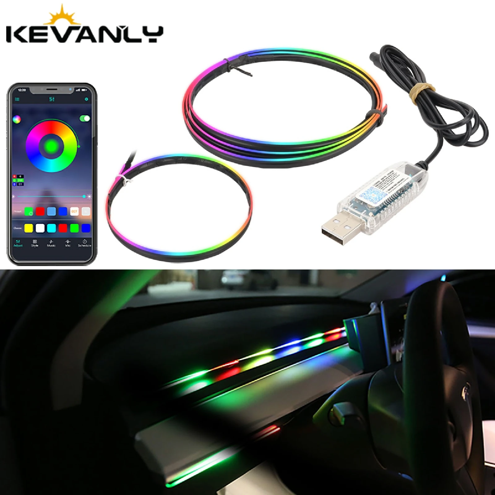 USB 자동차 LED 주변 조명 아크릴 스트립 대시 보드 조명, RGB 자동차 인테리어 숨겨진 앱 리모컨 분위기 램프, 64 색