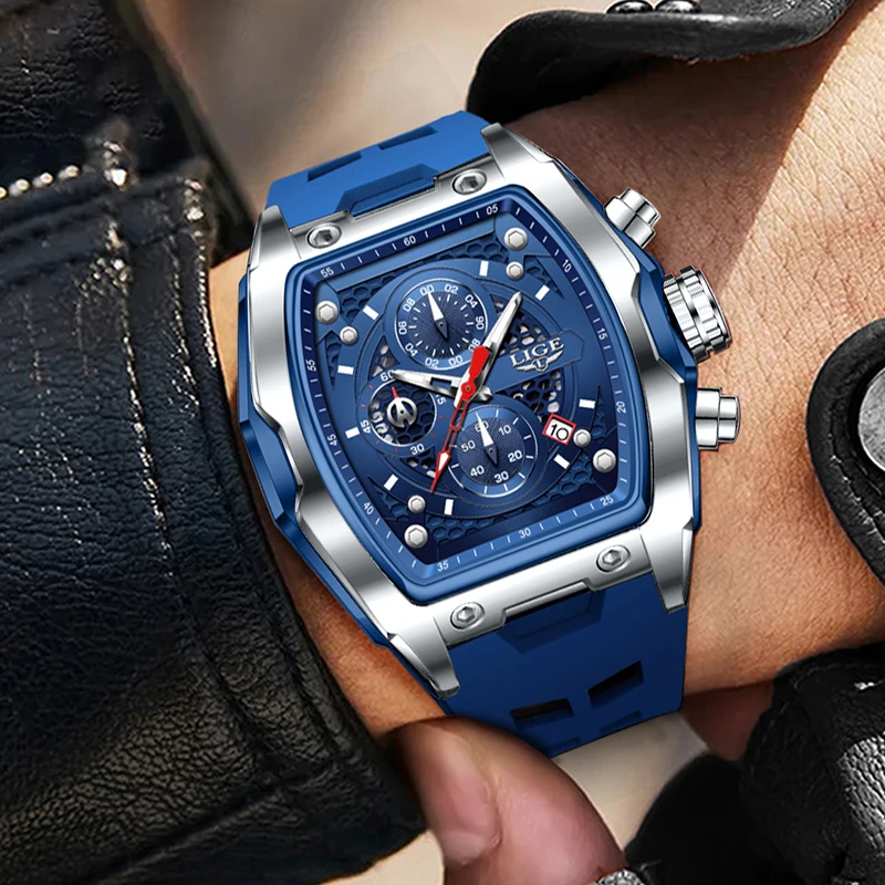 LIGE New Military Watches For Men Luxury Silicone Sport Square Chronograph Watch Fashion Business Waterproof Quartz Wristwatch